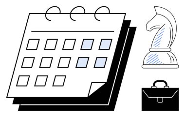 İşaretli tarihli takvim, stratejiyi sembolize eden satranç şövalyesi ve profesyonellik için evrak çantası. Zaman yönetimi, planlama, strateji, iş, organizasyon, kariyer başarısı için idealdir.