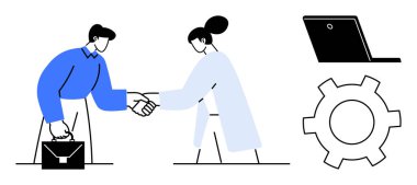 Yakınlarda el sıkışan iki profesyonel, el çantası, vites sembolü ve dizüstü bilgisayar. İş, ortaklık, işbirliği, takım çalışması, proje yönetimi anlaşmaları için ideal basit iniş sayfası