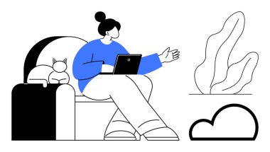 Bir kadın dizüstü bilgisayar kullanarak sandalyede oturuyor, yanında dinlenen bir kedi, arka planda bitki ve bulut şeklinde bir dekor. Uzaktan çalışma, üretkenlik, rahatlama, yaratıcı düşünme, çevrimiçi yaşam tarzı için ideal