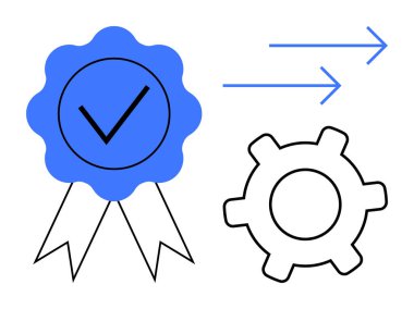 İşaretli, dişli ve oklu mavi rozet başarıyı, verimliliği ve yeniliği simgeliyor. Kalite güvencesi, iş akışı, hedef belirleme, stratejik planlama takım çalışması ve sürekli çalışma için ideal