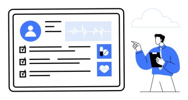 Ekrandaki dijital sağlık raporu hasta detaylarını, hayati organlarını ve ilaçlarını gösteriyor. Doktor raporları panoyla kontrol ediyor. Sağlık, analiz, teknoloji, tanı, sağlık için ideal