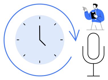 Zaman yönetimini simgeleyen oklu bir saat, mikrofona konuşan bir kişi ve bir hoparlör. Üretkenlik, planlama, iletişim, iş akışı, teslim tarihleri, liderlik düzlüğü için ideal