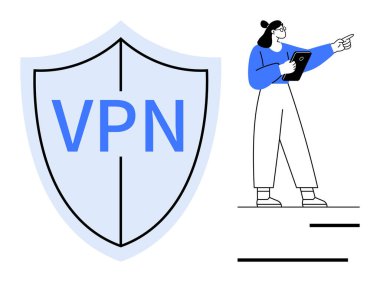 VPN yazılı kalkan siber koruma ve mahremiyeti temsil ediyor. Açıklamak için elinde tablet jestleri tutan kadın. Teknoloji, siber güvenlik, gizlilik, çevrimiçi güvenlik, eğitim, sunumlar için ideal, basit