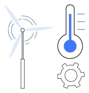 Rüzgar türbini dönüyor, termometre sıcaklığı gösteriyor ve teçhizat mekanik süreçleri simgeliyor. Enerji üretimi, sürdürülebilirlik, teknoloji, bilim, yenilik, verimlilik için ideal