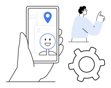 El ele tutuşan akıllı telefon harita iğnesi ve avatarı dişli ve yukarı bakan kişinin yanında gösteriyor. Navigasyon için ideal, kullanıcı deneyimi, kişiselleştirme, ayarlar, rehberlik, teknolojik çözümler, düz basit