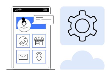 Kullanıcı profili, bağlantı seçenekleri, konum, dükkan simgeleri, mavi arkaplanda dişli simgesi içeren akıllı telefon arayüzü. Teknoloji, kullanıcı ayarları, uygulama tasarımı, iletişim navigasyonu için ideal