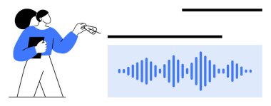 Tableti tutarken stilize ses dalgası grafiğine işaret eden kişi, ses analizini, yaratıcılığı veya teknolojiyi vurguluyor. Ses tasarımı, müzik üretimi, veri analizi ve eğitim için ideal