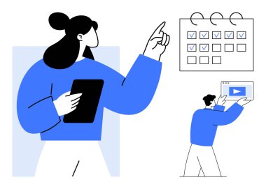 Kadın karakter işaretli bir takvime işaret ediyor, elinde bir tablet erkek karakter var ve elinde bir oyun düğmesi ekranı var. Üretkenlik, takvim, takım çalışması, eğitim ve görev planlaması için ideal