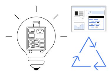 Ampul kaplaması organize bagaj, analitik gösterge paneli ve geri dönüşüm sembolü. Sürdürülebilirlik, seyahat, verimlilik, organizasyon, eko-bilinç, yenilik için ideal basit iniş sayfası