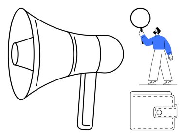 Elinde boş yuvarlak tabela, büyük megafon ve cüzdan çizimi olan biri. Pazarlama, finans, protesto, savunuculuk, iletişim, halka açık bir iniş sayfası için ideal