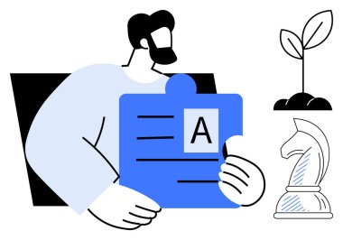 Elinde mavi bir belge klasörü olan bir adam büyümeyi simgeleyen filizlenen bir bitki ve stratejik düşünceleri tasvir eden bir satranç şövalyesi. İş için ideal, yenilik, eğitim, planlama, liderlik