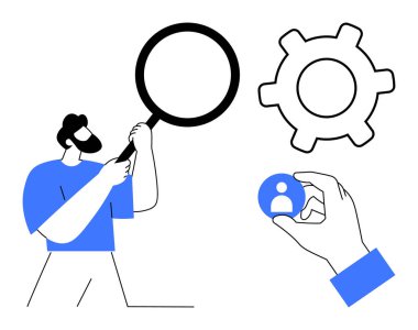 Adam büyüteçle büyük aletleri inceliyor, kullanıcı profilini tutuyor. Analiz, adam toplama, ayarlar, kullanıcı deneyimi, araştırma ve yönetim sorunları için ideal. Düz basit metafor