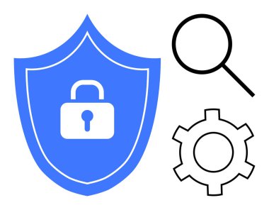 Beyaz asma kilitli mavi bir kalkan, siyah büyüteç ve güvenlik, arama ve ayarları vurgulayan dişli simgesi. Siber güvenlik, gizlilik, çevrimiçi güvenlik, veri analiz sistemi için ideal