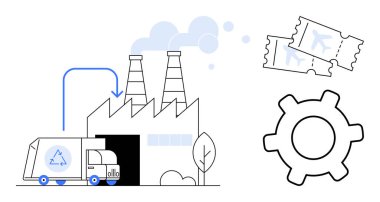 Bacaların, teçhizatların ve uçak biletlerinin yakınındaki fabrikada geri dönüşüm kamyonu boşaltılıyor. Geri dönüşüm, sürdürülebilirlik, üretim, seyahat, lojistik dairesel ekonomi enerjisi için ideal. Düz basit