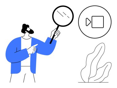 Bir büyüteç tutan soyut figür bir bitki elementi ile bir video oyun ikonunu işaret ediyor. Keşif, analiz, öğretim, araştırma, medya ve eğitim için ideal basit iniş sayfası