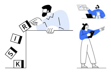 Adam risk bloklarını deviriyor, kadın tabletleri ileri çekiyor, kişi mali verileri analiz ediyor. İş için ideal, karar verme, strateji, risk yönetimi, takım işbirliği, basit iniş finansmanı