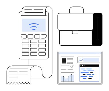Fatura, evrak çantası ve analitik gösterge paneli olan ödeme terminali. İş, finans, ödeme, teknoloji, e-ticaret, profesyonel araçlar için ideal basit iniş sayfası