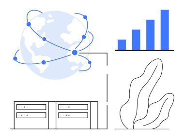 Yörünge düğümleri, bar grafikleri, sunucuları ve soyut bitki resimleriyle dolu bir dünya. Küresel ağ, veri analizi, bulut hesaplama, dijital depolama, bağlantı büyümesi basit iniş sayfası için ideal