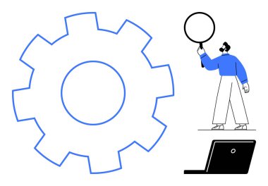 Kişi, analizi, süreci ve yeniliği temsil eden büyüteçle bir dizüstü bilgisayarın yanındaki büyük teçhizatı inceler. Teknoloji, takım çalışması, iş akışı, strateji, araştırma problem çözme için ideal