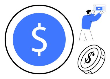 Para odaklı, pazarlamacı video monetizasyonu, dijital pazarlama ve yatırımı sembolize eden bir video kartı tutuyor. Finans, video içeriği, reklam, ecommerce, promosyon kampanyaları için ideal