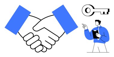 Profesyonel bir tokalaşma, büyük bir sembol ve not alan bir kişi. Takım çalışması, ortaklık, başarı, hedefe ulaşmak, liderlik, fikirleri çözmek ve anlaşmalar için idealdir. Düz basit metafor