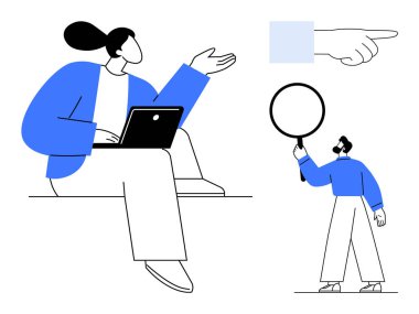 Dizüstü bilgisayarda çalışan bir kişi, işaret eden eli olan başka bir büyüteç. Takım çalışması, işbirliği, problem çözme, araştırma, üretkenlik, iletişim için ideal basit iniş sayfası