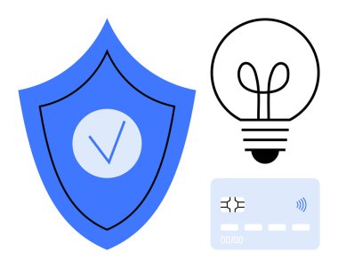 İşaretli mavi kalkan, ampul, temassız kredi kartı güvenlik, yenilik ve dijital ödeme çözümlerini sembolize ediyor. Fintech, fikirler, yaratıcılık, e-ticaret siber güvenlik için ideal