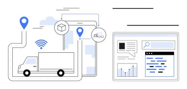 Nakliye kamyonu güzergahında GPS izleme, veri simgeleri ve analitik gösterge paneli var. Lojistik, tedarik zinciri, sevkiyat takibi, teknoloji, iş sezgileri, filo yönetimi için idealdir.