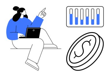 Laptop, dikey büyüme grafiği ve dolar para görselleştirmesi kullanan kişi. İş, finans, analitik, yatırım, veri raporlama ve basit iniş sayfalarının bütçelendirilmesi için ideal