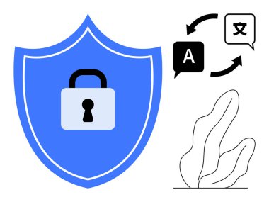 Veri koruması için kilit sembollü mavi kalkan, çeviri sürecini gösteren dil değiş tokuşu simgeleri, dekoratif bitki ögesi. Siber güvenlik için ideal, veri gizliliği, çeviri hizmetleri, küresel