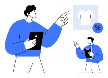 Meslektaşı eşliğinde giyim mağazasında indirimli tabela tutan kişi. E-ticaret, satış stratejisi, çevrimiçi alışveriş, takım işbirliği, pazarlama planları, iş planlaması için ideal