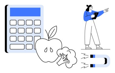 Hesap makinesi, elma, brokoli, mıknatıs ve bireyi tabletle işaretlemek sağlıklı besin seçeneklerini ve beslenmeyi vurgular. Sağlık, diyet, eğitim, teknoloji motivasyon danışmanlığı için idealdir.