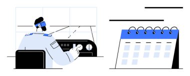 Pilot kokpit kontrollerini kullanırken bir takvim uçuş programına, zaman yönetimine ve görev planına odaklanmamızı öneriyor. Havacılık, organizasyon, zamanlama, kontrol sistemleri, hedef ayarlama için ideal