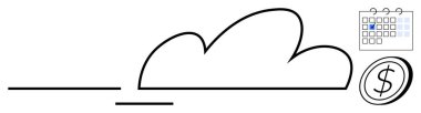 Dolar madeni para ve takvimle bulut çizimi çevrimiçi depolama, finans ve zamanlamayı temsil ediyor. Teknoloji, iş, zaman yönetimi, finans, SaaS üretkenlik planlaması için ideal. Düz