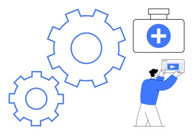 İşlemleri sembolize eden dişliler, video sekmesi tutan kişi ve tıbbi işaretler çözümleri simgeliyor. Tıp, sağlık, teknoloji, yenilik, eğitim, takım çalışması için ideal basit iniş sayfası