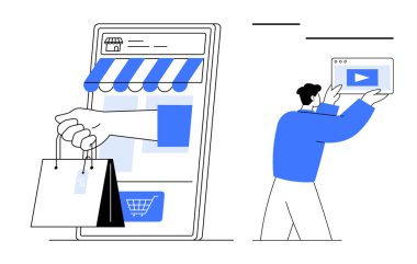 Alışveriş poşetleri ve mağaza önü olan akıllı telefon ekranı, yanında video oynatıcı penceresi tutan bir adam. E-ticaret, çevrimiçi alışveriş, pazarlama, dijital medya, iş dünyası, teknoloji, basit iniş için ideal