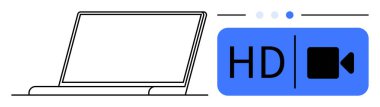 Çevrimiçi video yayınını, dijital içeriği ve teknolojiyi sembolize eden HD video simgesine bitişik laptop. Video üretimi, uzaktan çalışma, eğlence, medya, çevrimiçi kurslar ve video için ideal