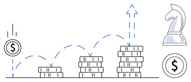 Sikke yığınları adım adım büyüyor, ok hareketiyle, şövalye satranç taşı stratejisini simgeliyor. Yatırım, iş planlaması, strateji, büyüme, finans, kalkınma yeniliği için ideal. Düz basit