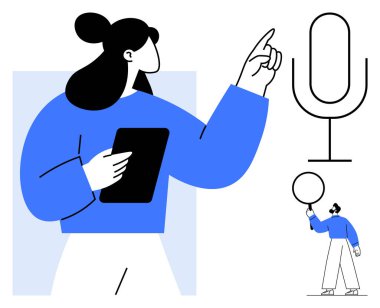 Elinde bir tablet olan kadın, konuşma baloncuğu olan bir adamın yanında bir mikrofon ikonunu işaret ediyor. İletişim, teknoloji, halka açık konuşma, yayın, podcastlar, ses tanıma, basit iniş için ideal
