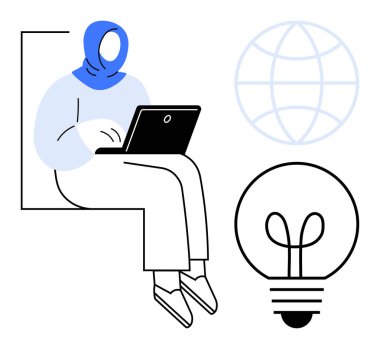 Başörtüsü takan kişi dizüstü bilgisayar kullanıyor, yenilik için ampul sembolü ve bağlantı için küre kullanıyor. Uzak çalışma, yaratıcılık, eğitim, iletişim, küresel iş, çeşitlilik için ideal