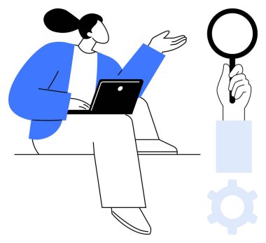 Dizüstü bilgisayar kullanan bir kadın, arama yapmak için büyüteç tutan bir kadın, süreç için dişli. Teknoloji, araştırma, takım çalışması, analiz, üretkenlik planlaması için ideal. Düz