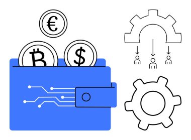 Kripto para cüzdanında Bitcoin, Euro ve dolar paraları var. İşbirliği ve süreçleri temsil ediyor. Finans, engelleme zinciri, takım çalışması, fintech, yatırımlar, kripto para birimi için ideal