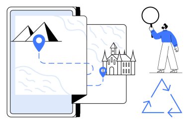 Dijital harita, konum simgeleri ve yolları kullanarak dağları ve kaleyi birbirine bağlar. Adam dairesel işareti gözlemliyor. Navigasyon, seyahat, veri paylaşımı, geri dönüşüm, coğrafya, sürdürülebilirlik, basit iniş için ideal