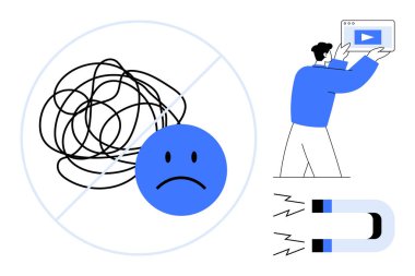 Karmaşık karalamalar, hüzünlü yüzler çizilmiş, elinde medya ekranı olan bir adam, mıknatıs çekici. Üretkenlik, iletişim, berraklık, pazarlama, çözümler için ideal, basit iniş sayfasına odaklan