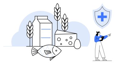 Süt kutusu, peynir, balık, tahıl, yumurta ve sağlık uzmanı. Sağlık kalkanı altında panosu var. Gıda güvenliği, beslenme, tarım sağlık denetimi, kalite kontrol diyet planlaması için ideal