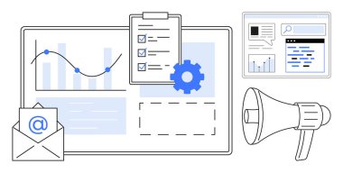 Analitik gösterge paneli, kontrol listesi, e-posta zarfı, dişli ve pazarlamayı, verimliliği ve sosyal yardımı vurgulayan hoparlör. Strateji planlaması ve iş geliştirme kampanyası yönetimi için ideal