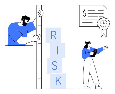 Yığınla risk bloğu olan bir adam, pano, sertifika ve dolar faturasıyla analiz eden bir kadın. İş, analiz, finans, takım çalışması, risk yönetimi, basit bir iniş sayfası planlamak için ideal