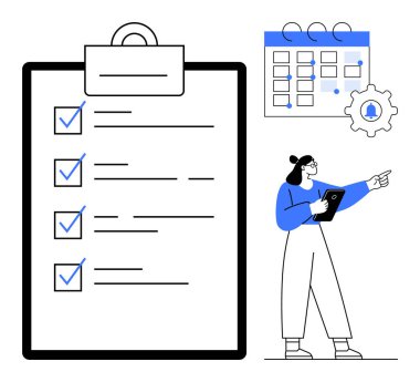 Kontrol listesi olan pano, bildirim takvimi olan takvim ve işaret eden biri. Üretkenlik, planlama, organizasyon, takım çalışması, iş akışı, hedef belirleme sade iniş sayfası için ideal