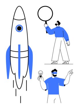 Roket duman iziyle kalkıyor, adam büyüteç tutuyor ve başka bir fikir ampulü tutuyor. Yenilik için ideal, keşif, keşif, yaratıcılık, girişimcilik, araştırma basit
