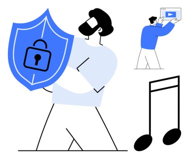 Bir adam, büyük bir müzik notası ve video oynatıcı kullanan bir diğerinin yanında güvenliği temsil eden bir kilit simgesiyle bir kalkan tutuyor. Siber güvenlik, multimedya, dijital haklar ve içerik için ideal